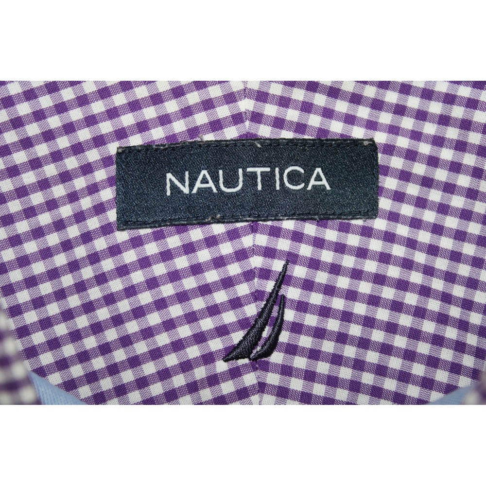 Nautica Mens Gingham Button Down Shirt Purple White 100% Cotton L 16.5 34/35 - Picture 3 of 5